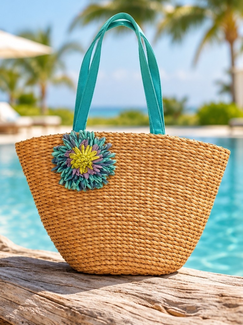 Woven Straw Tote with Teal Handles and Floral Accent